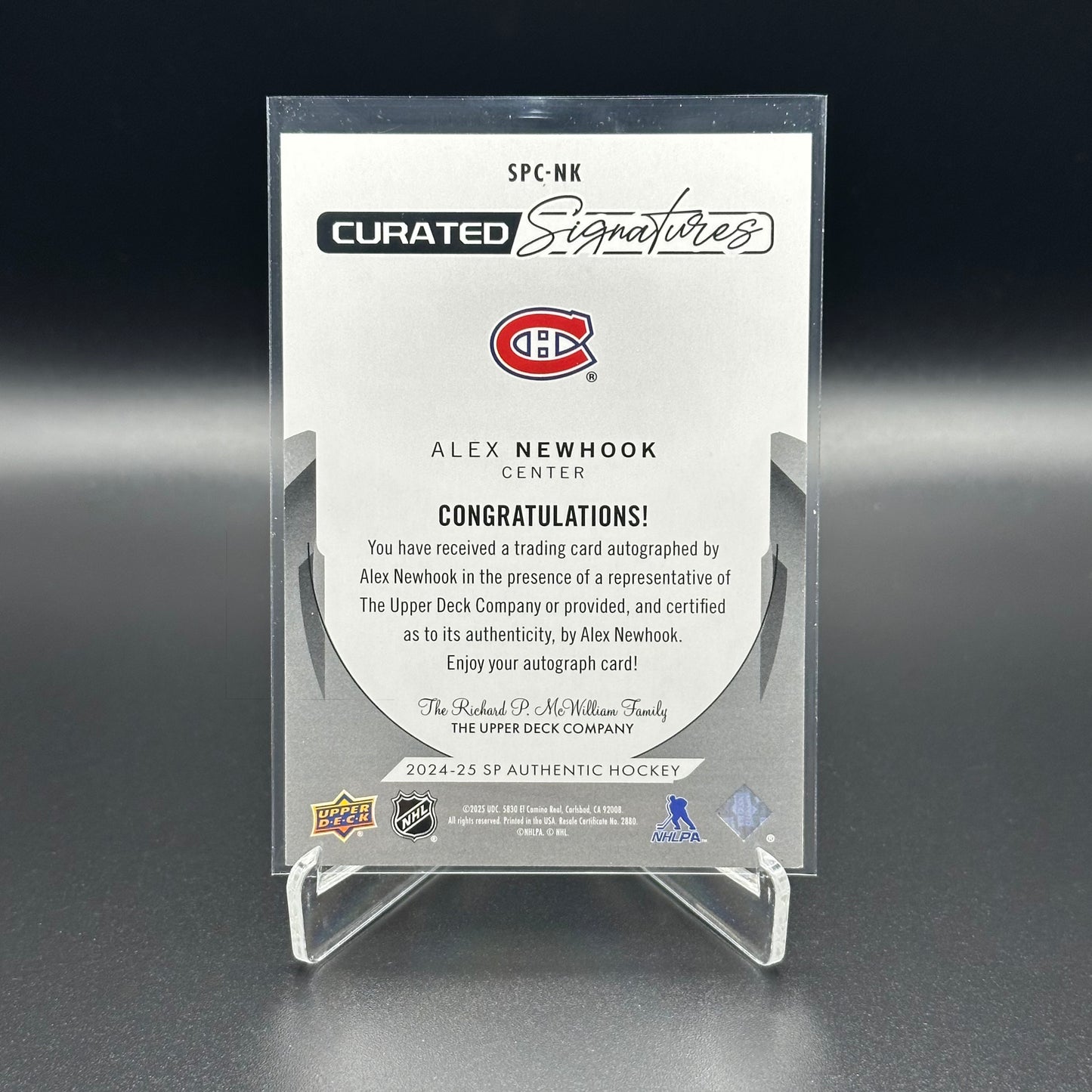 2024-25 Upper Deck SP Authentic ALEX NEWHOOK #SPC-NK Curated Signatures /299 Auto