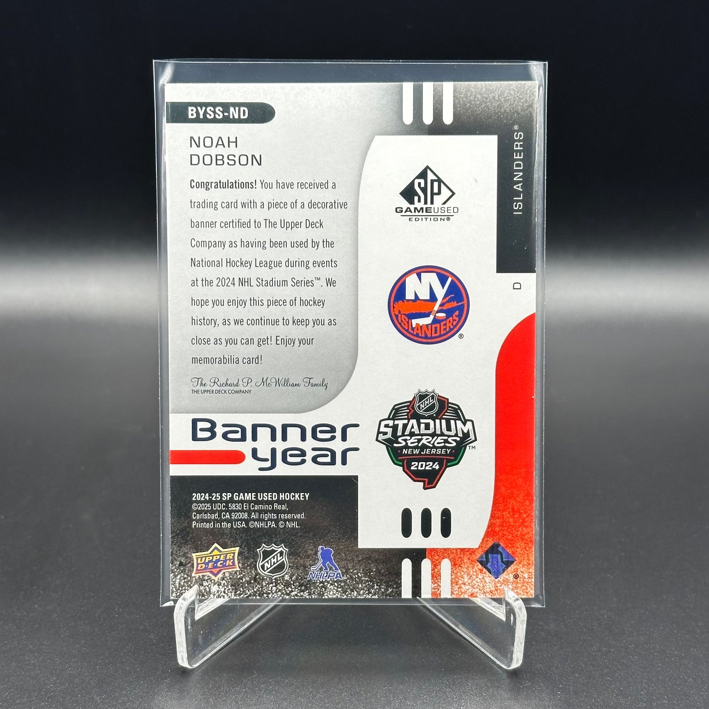 2024-25 Upper Deck SP Game Used NOAH DOBSON #BYSS-ND Banner Year Stadium Series