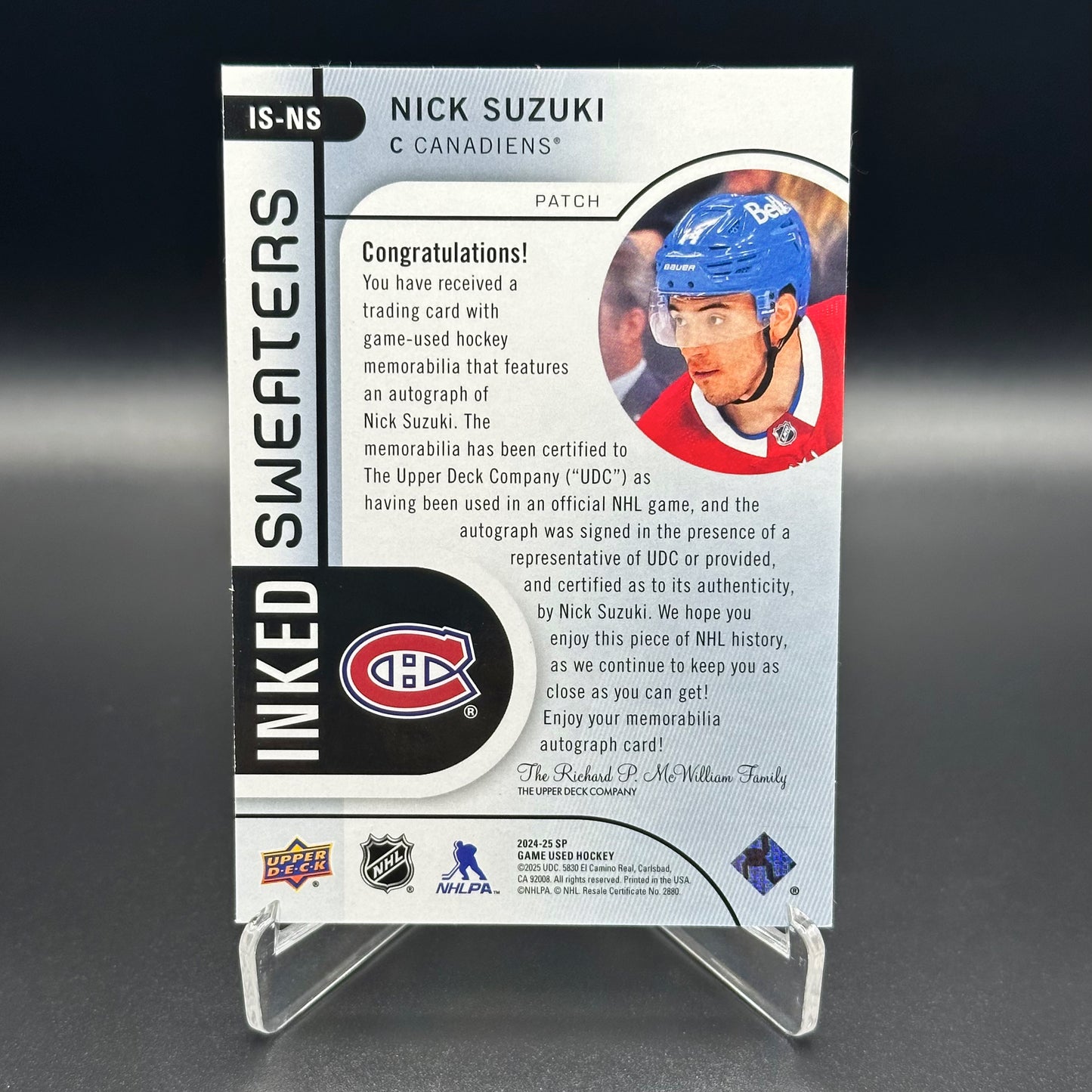 2024-25 UD SP Game Used NICK SUZUKI #IS-NS Inked Sweaters Patch /15