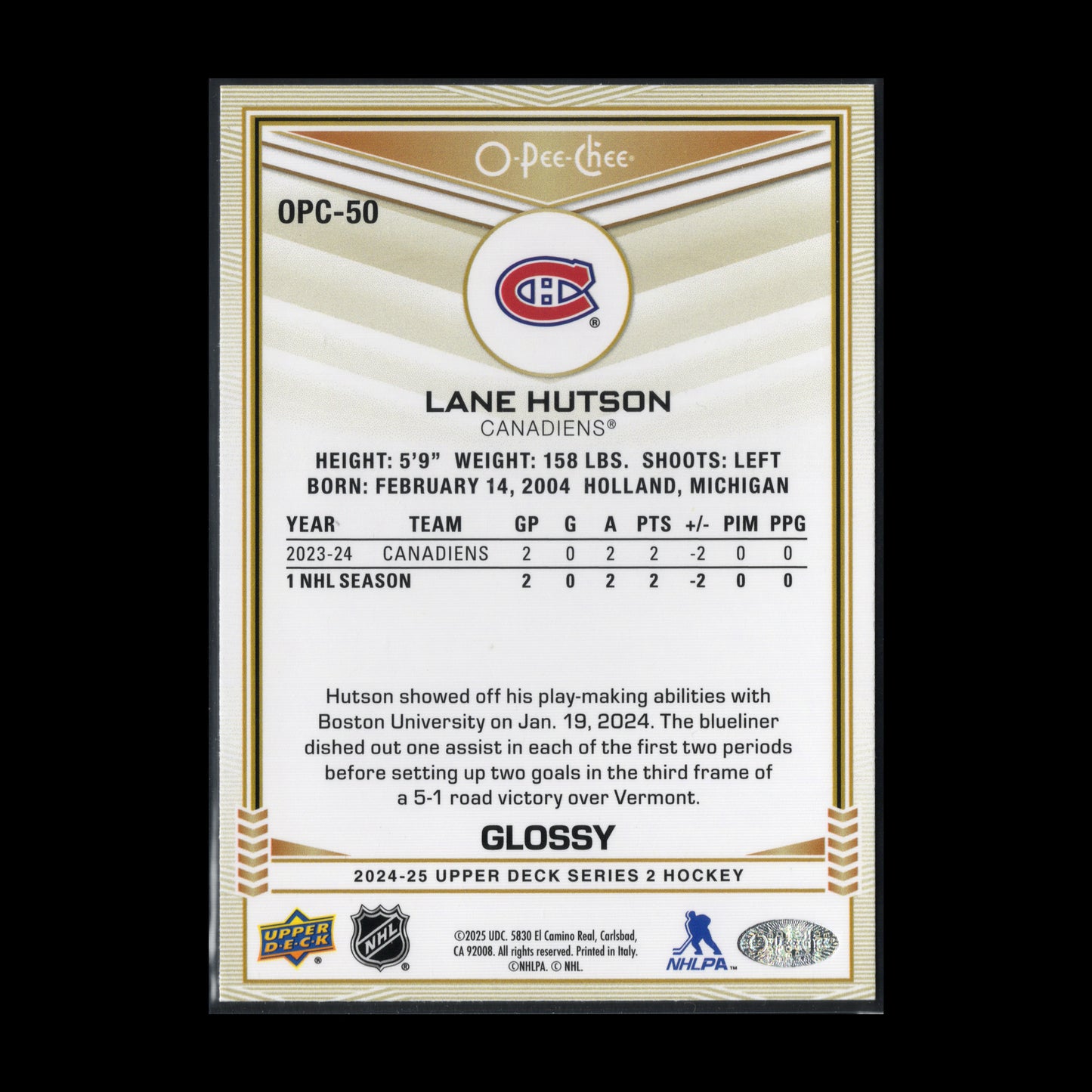 2024-25 UD Series 2 LANE HUTSON #OPC-50 O-Pee-Chee Glossy RC