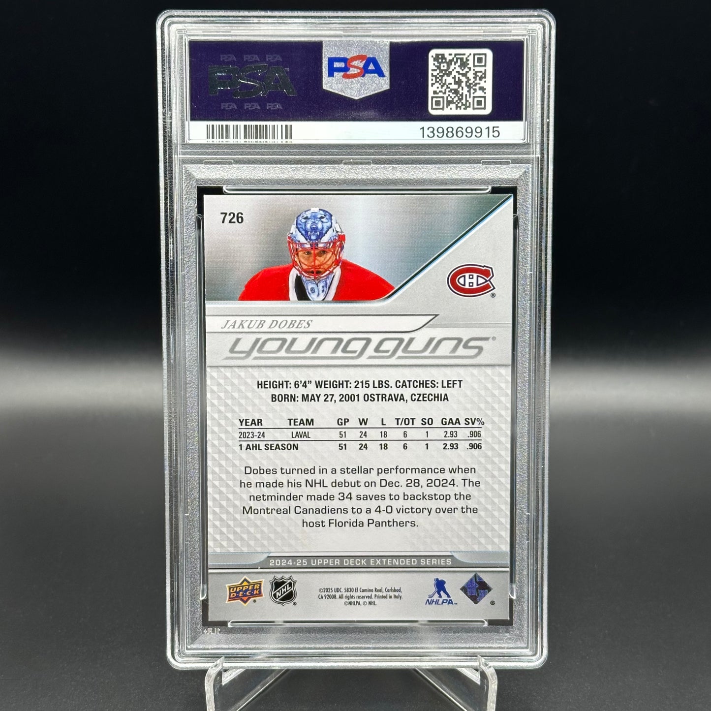 2024-25 UD Extended Series JAKUB DOBES #726 Young Guns RC PSA 8