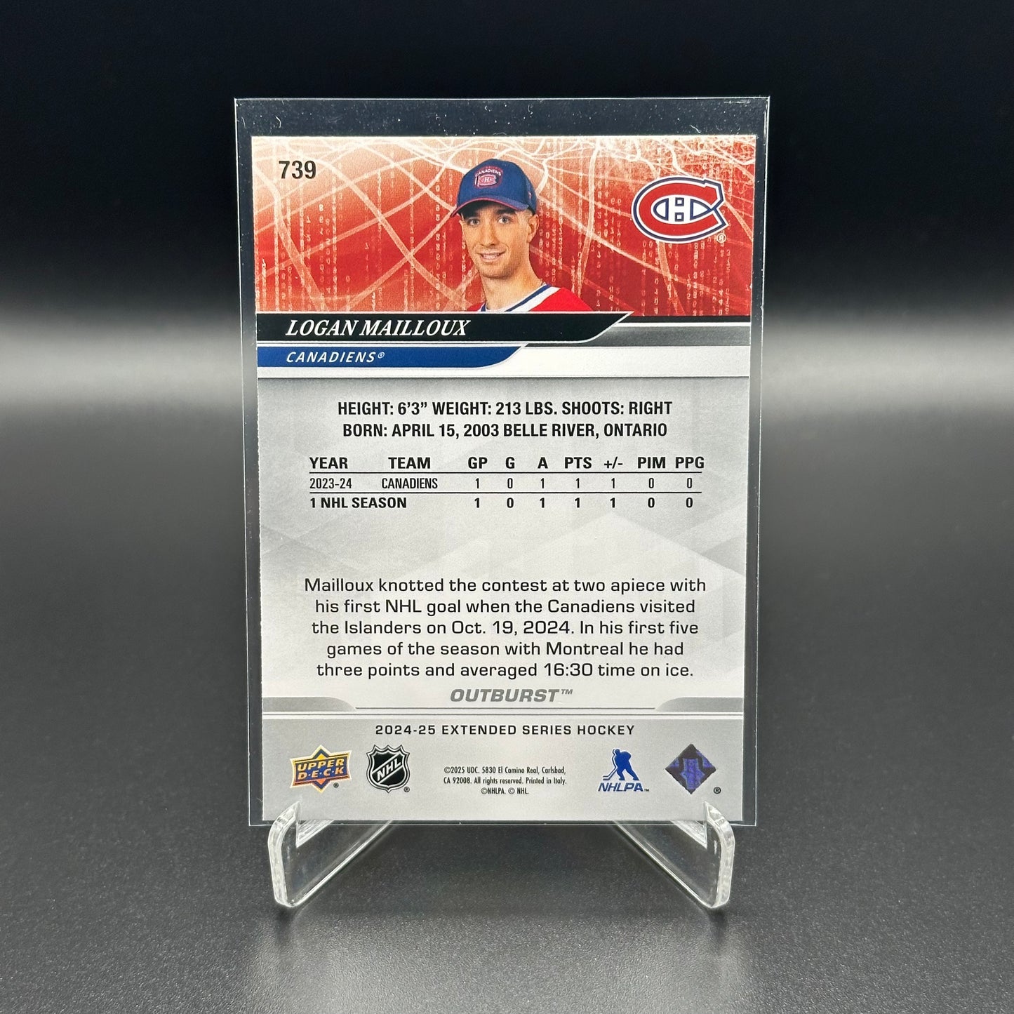 2024-25 Upper Deck Extended series LOGAN MAILLOUX #739 1st Round Rookies Outburst RC