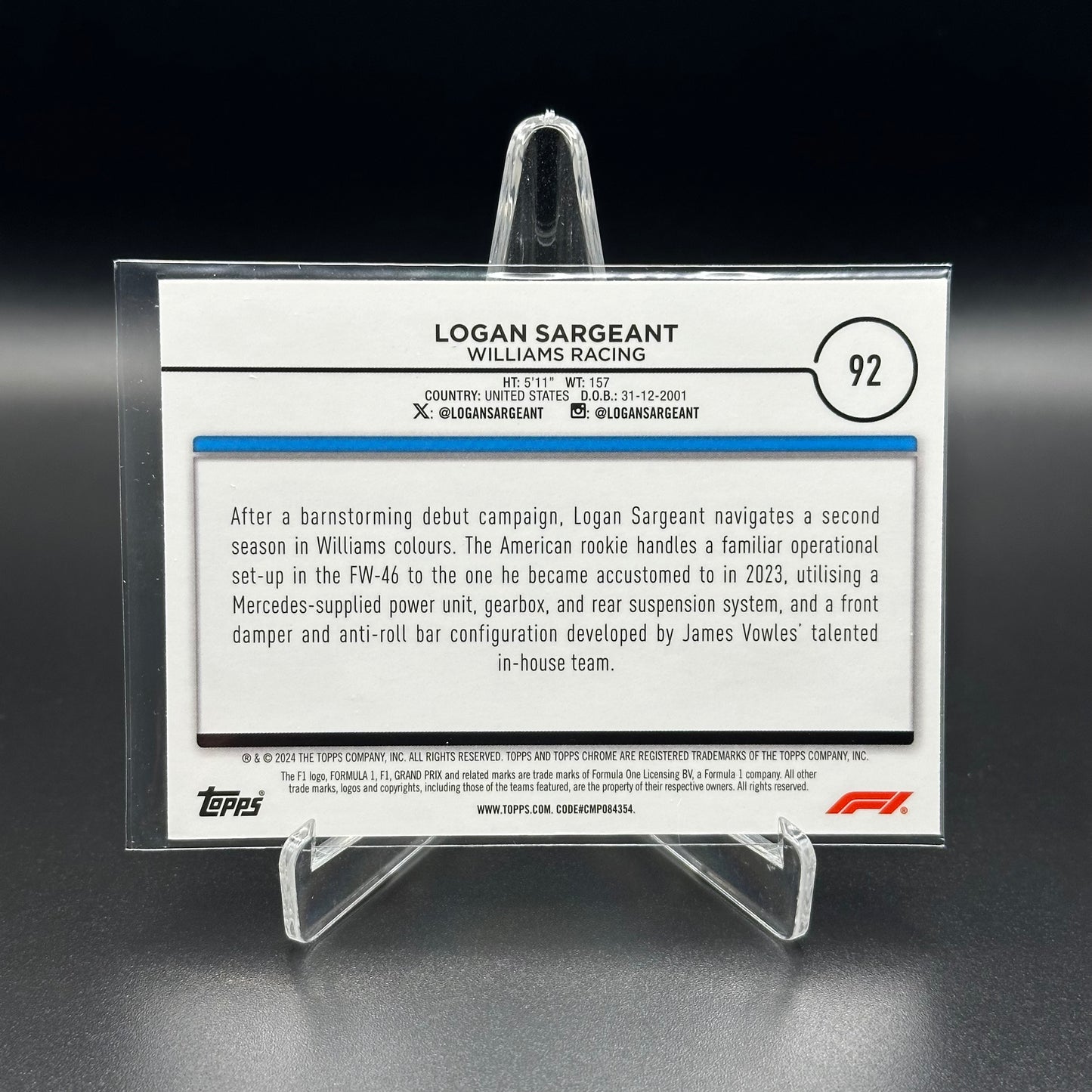 2024 Topps Chrome Formula 1 LOGAN SARGEANT #92 Black and White RayWave Refractor