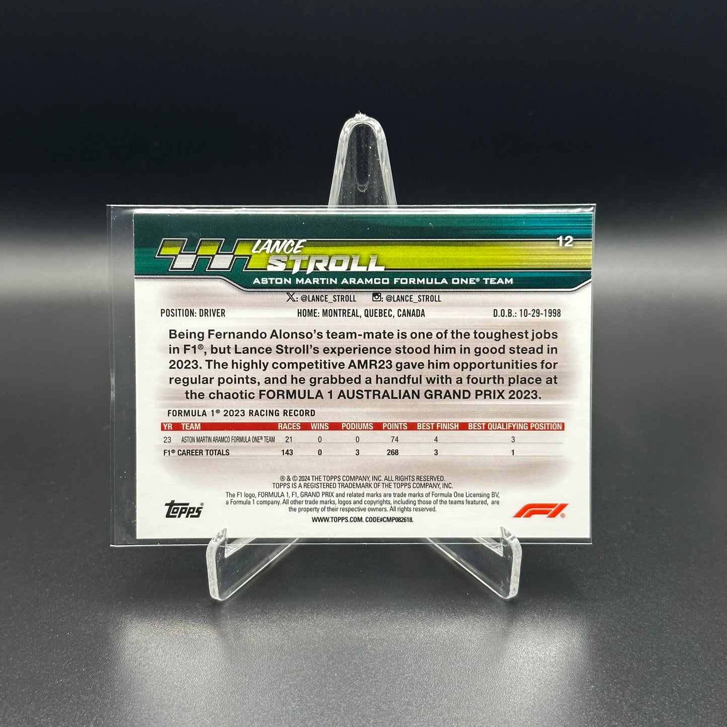 2024 Topps Paddock Pass Formula 1 LANCE STROLL #12 X-Fractor Checker Flag