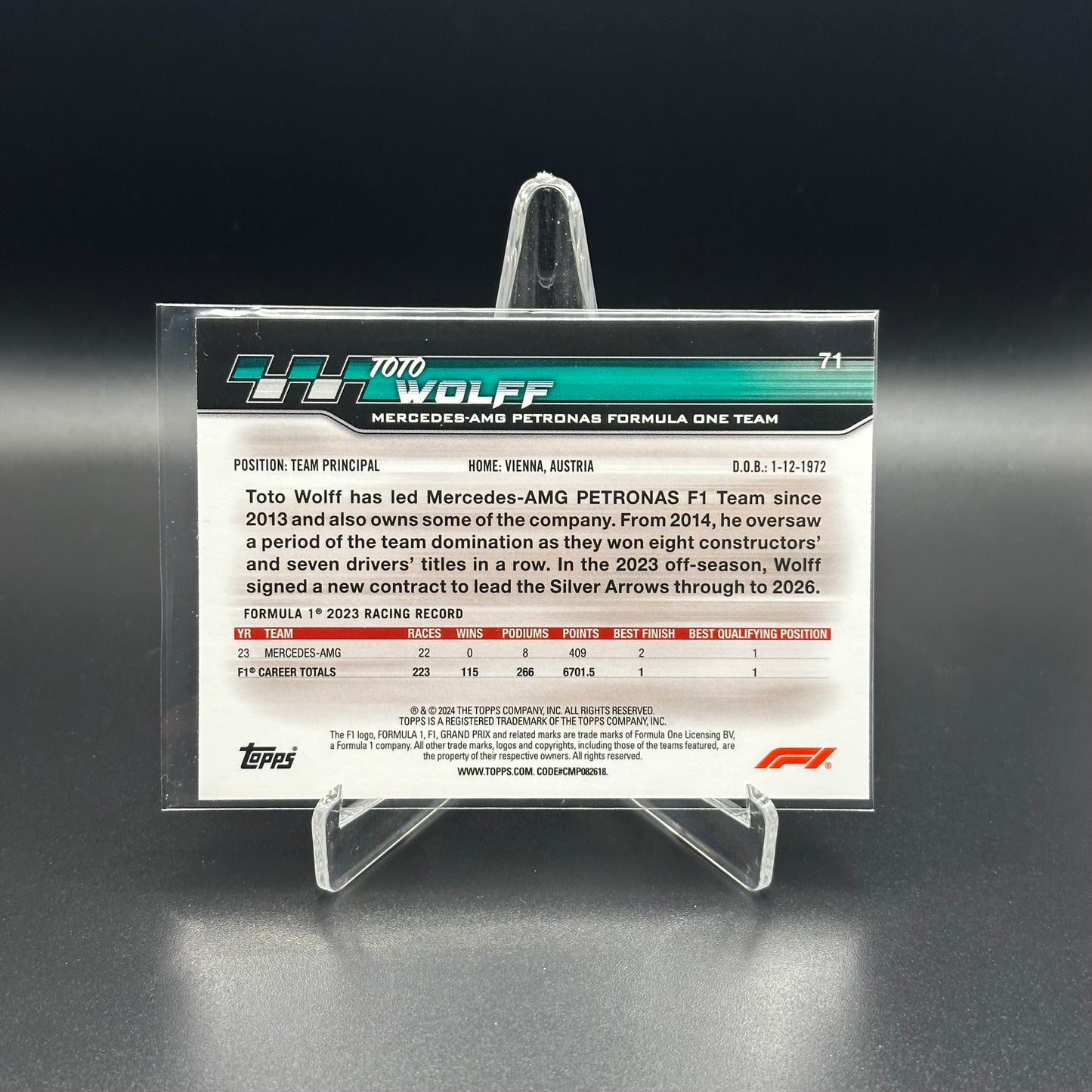 2024 Topps Paddock Pass Formula 1 TOTO WOLFF #71 X-Fractor Checker Flag
