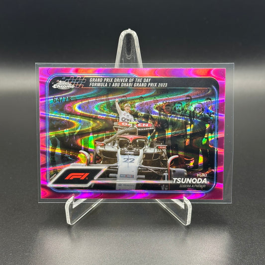 2024 Topps Chrome Formula 1 YUKI TSUNODA #180 Grand Prix Driver of the Day Pink RayWave Refractor /75