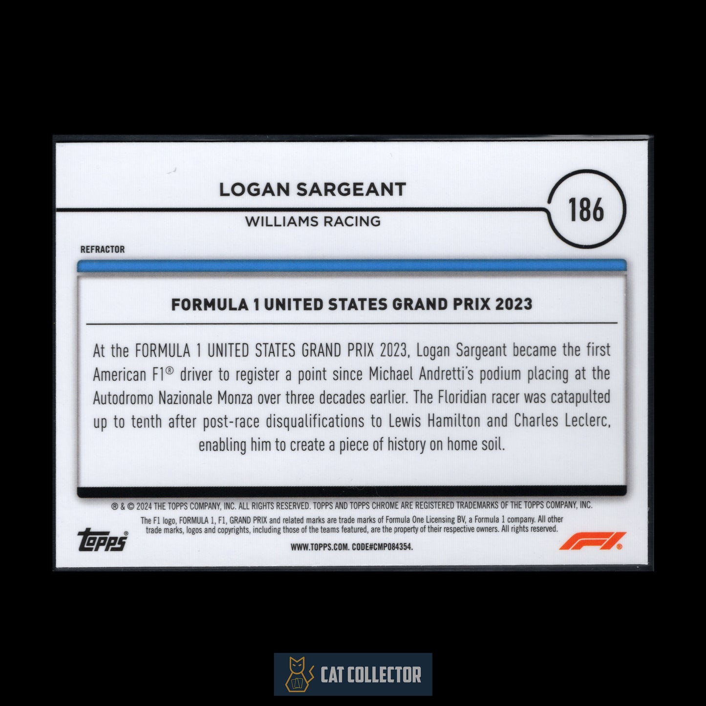 2024 Topps Chrome Formula 1 LOGAN SARGEANT #186 Award Winners Refractor