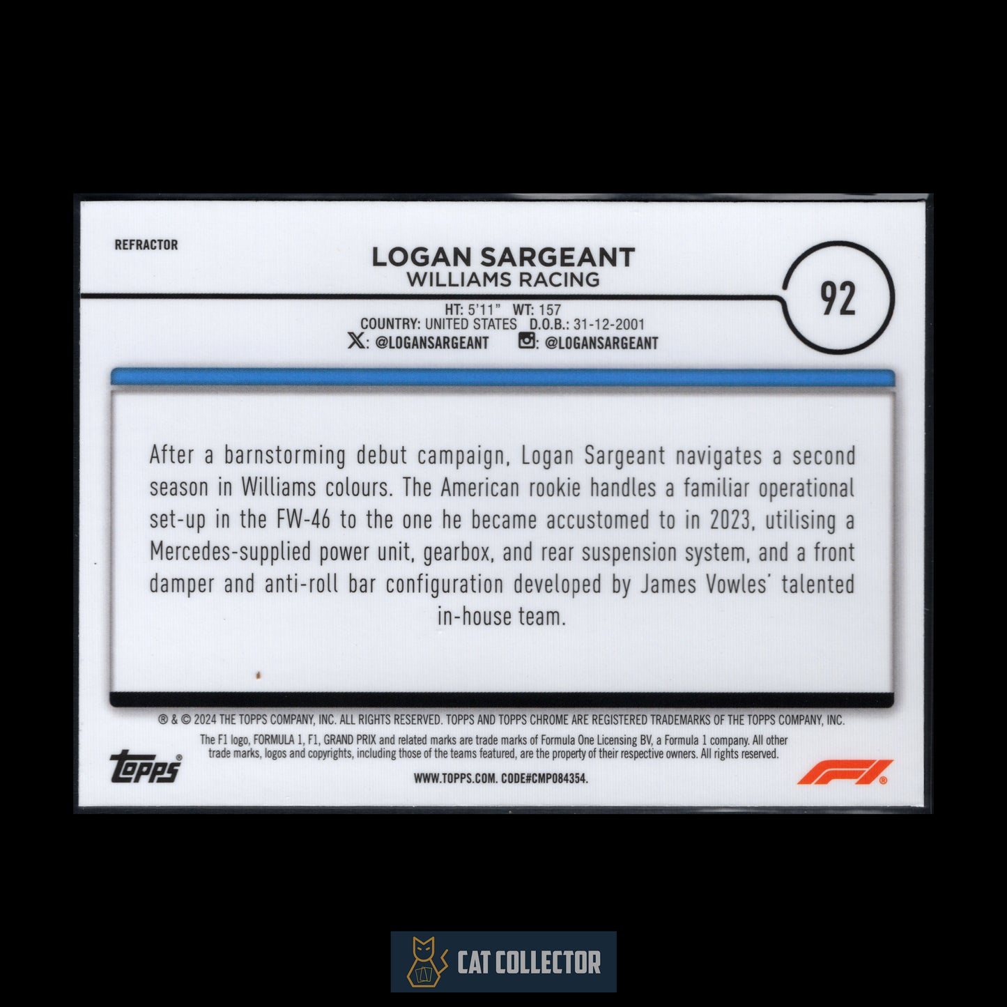 2024 Topps Chrome Formula 1 LOGAN SARGEANT #92 F1 Cars Refractor