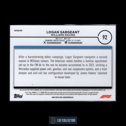 2024 Topps Chrome Formula 1 LOGAN SARGEANT #92 F1 Cars Refractor