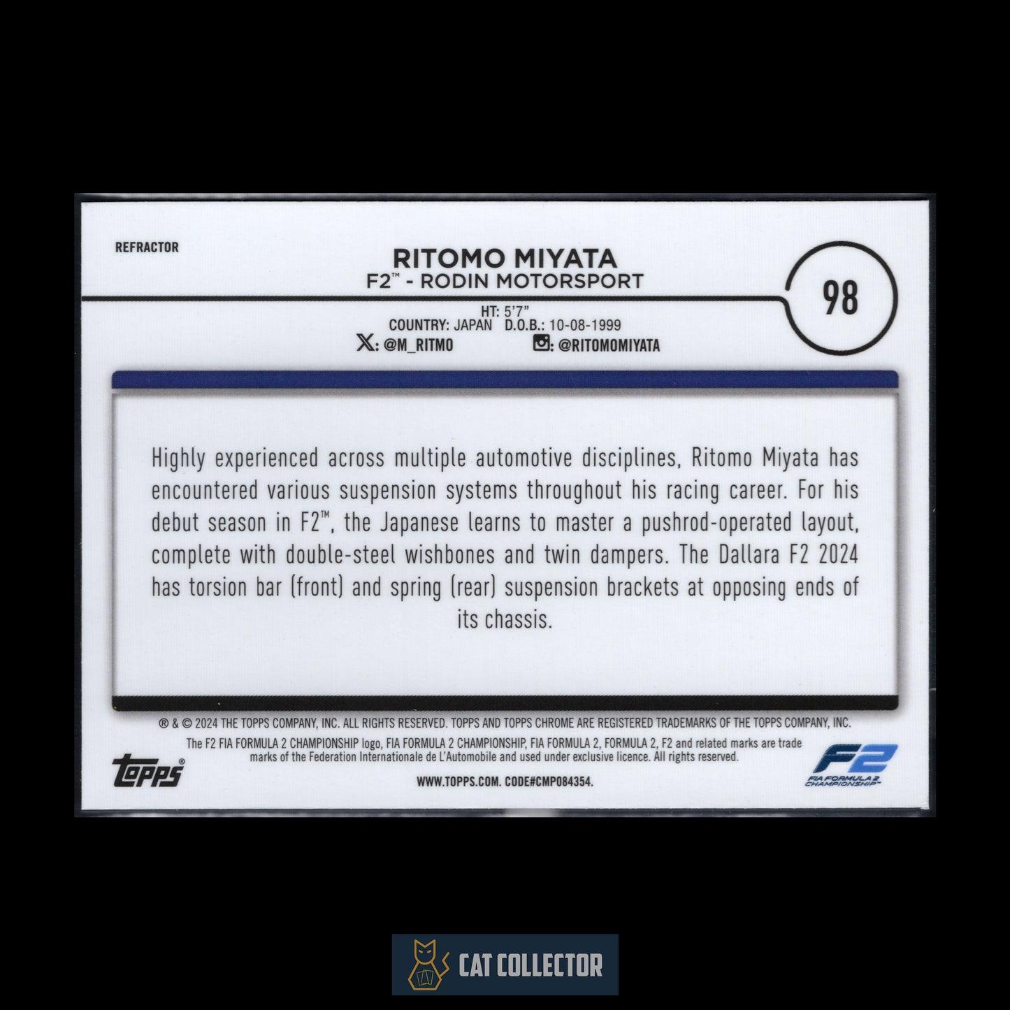 2024 Topps Chrome Formula 1 RITOMO MIYATA #98 F2 Cars Refractor
