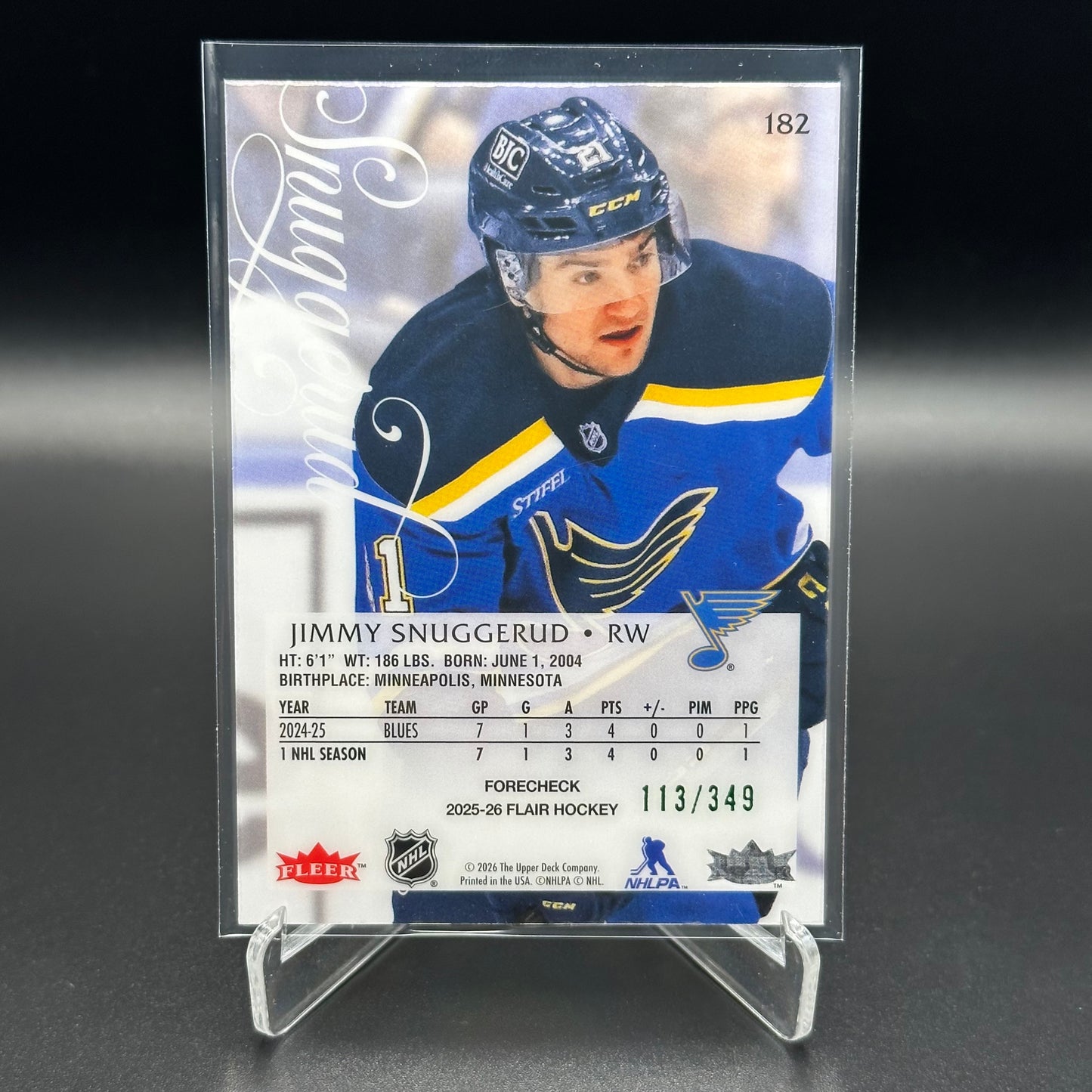 2025-26 Fleer Flair JIMMY SNUGGERUD #182 Image B Variant Forecheck Rookie RC /349