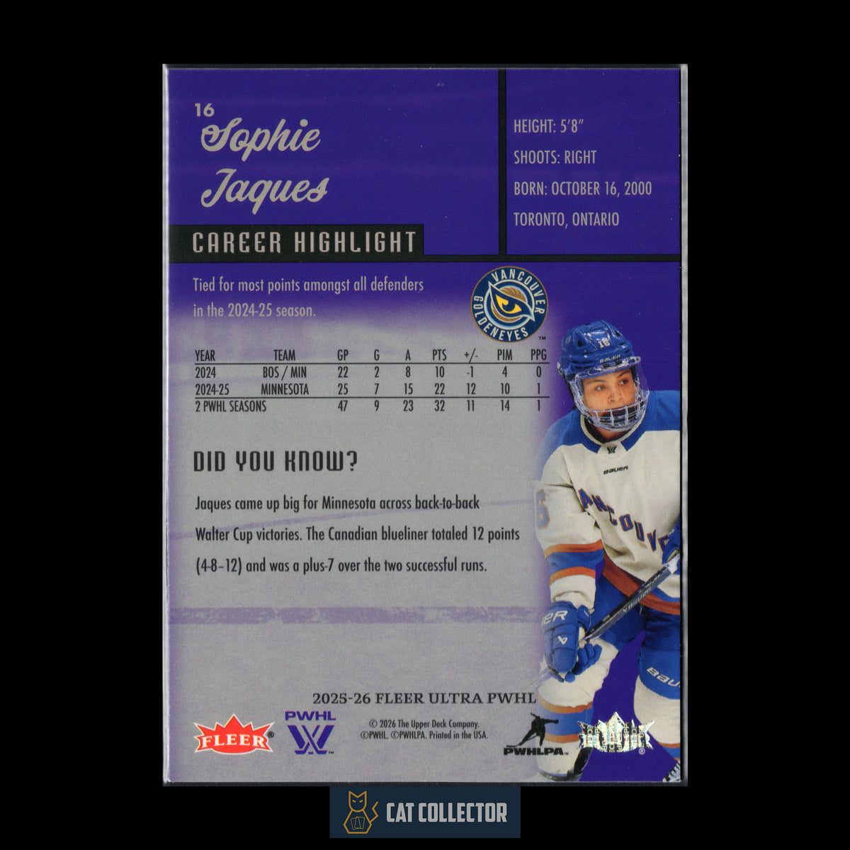 2025-26 Fleer Ultra PWHL SOPHIE JAQUES #16 Career Highlight