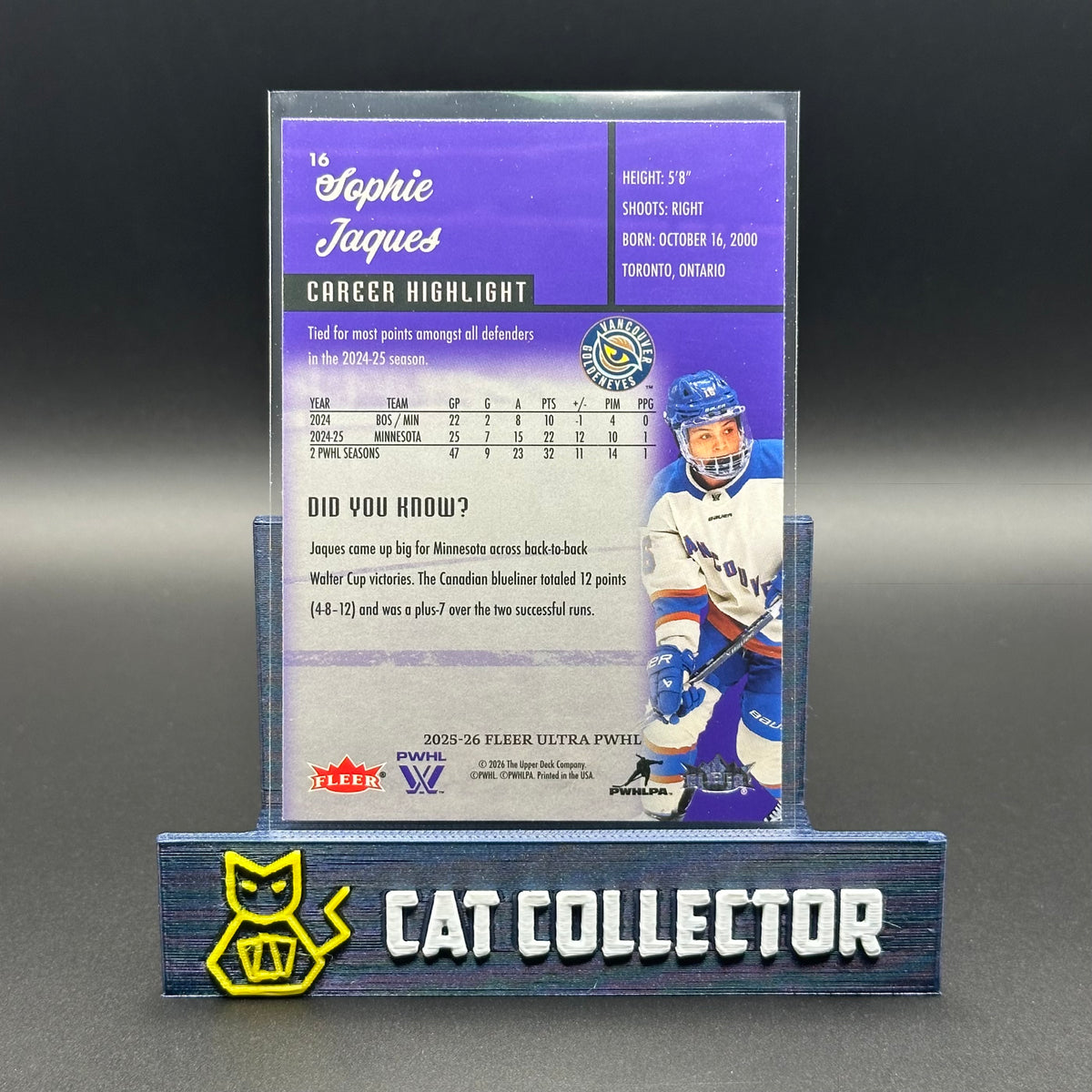 2025-26 Fleer Ultra PWHL SOPHIE JAQUES #16 Career Highlight