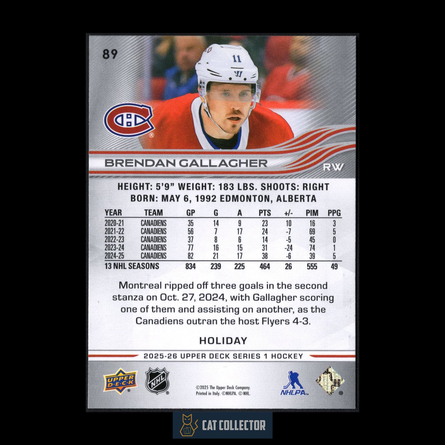 2025-26 Upper Deck Series 1 BRENDAN GALLAGHER #89 Holiday Parallel