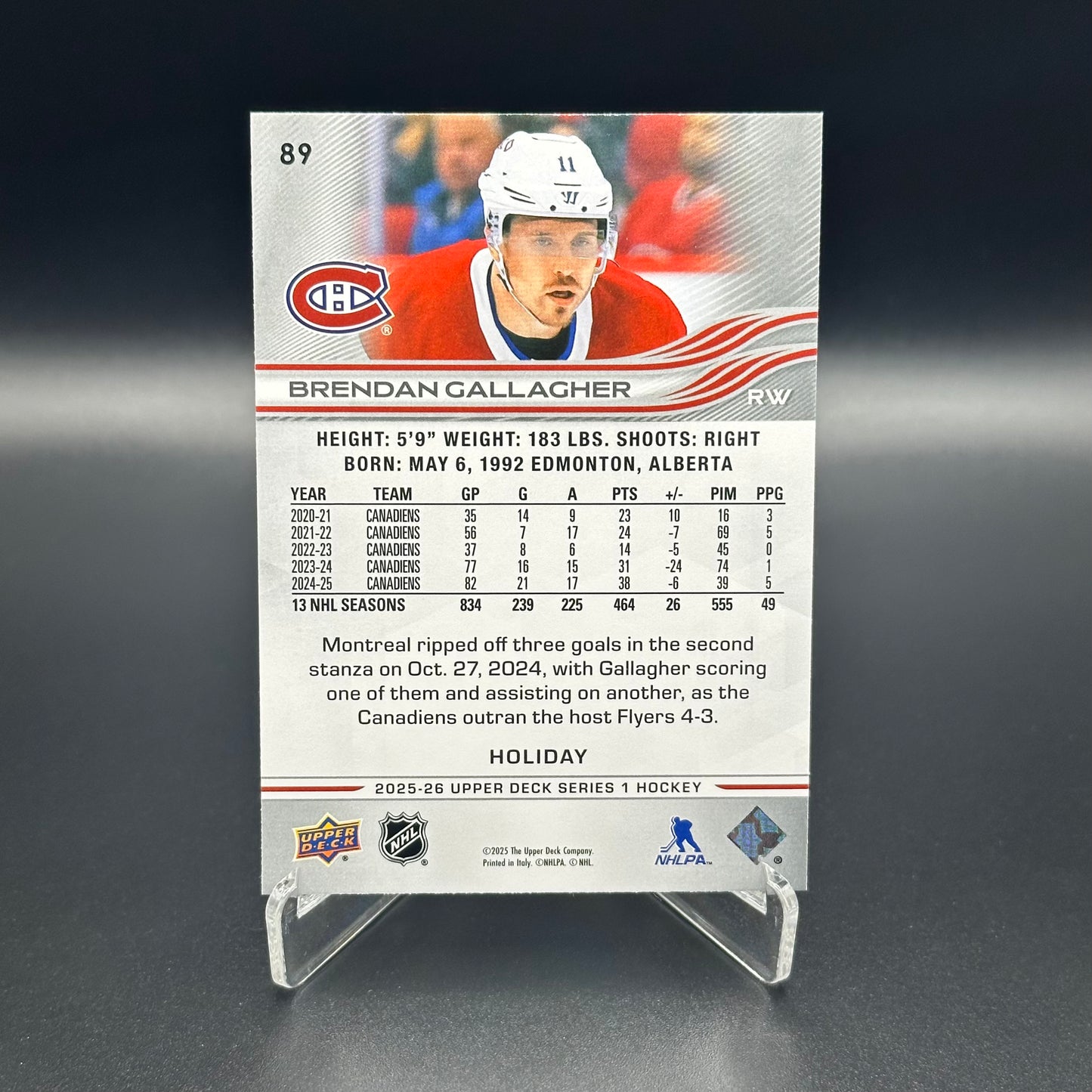 2025-26 Upper Deck Series 1 BRENDAN GALLAGHER #89 Holiday Parallel