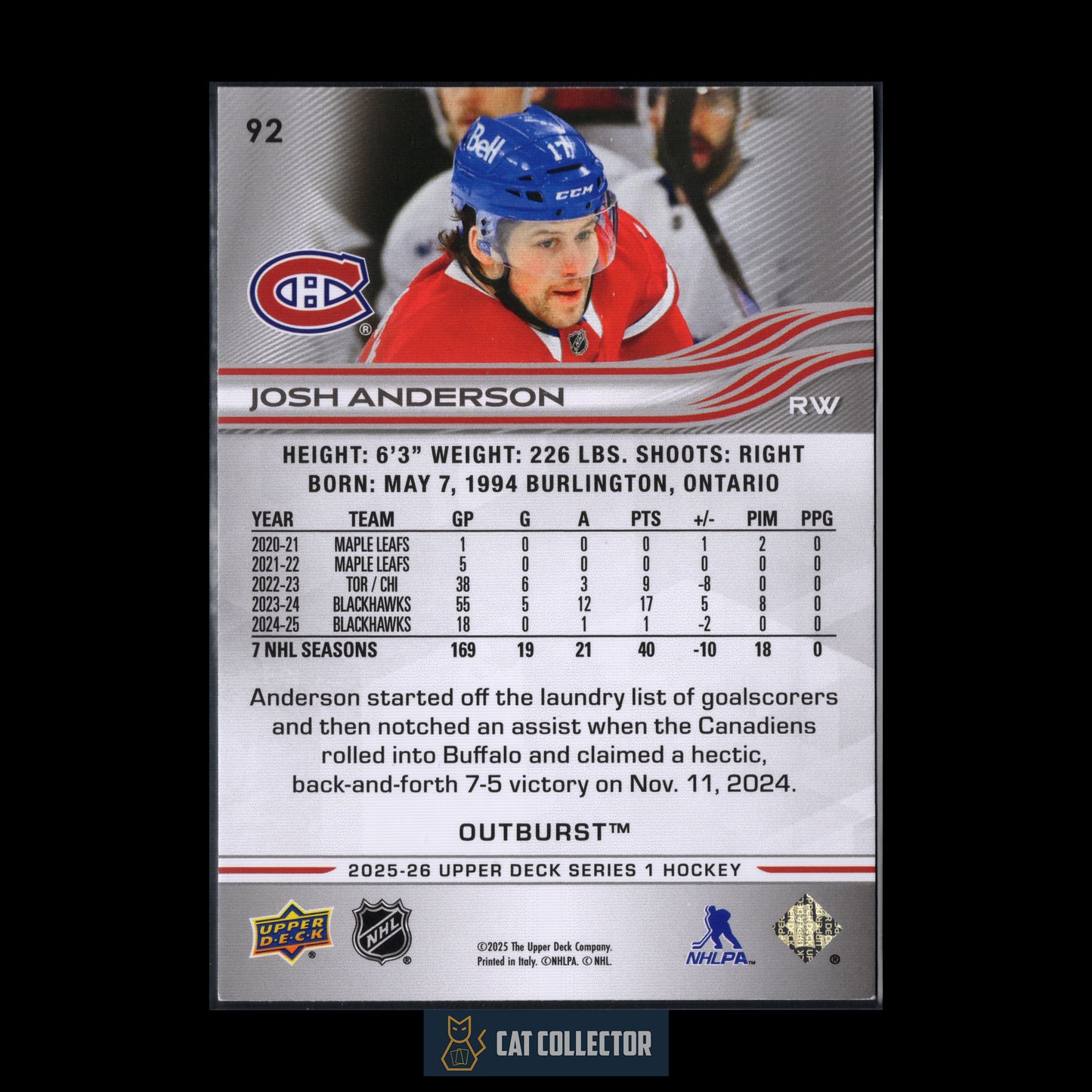2025-26 Upper Deck Series 1 JOSH ANDERSON #92 Outburst