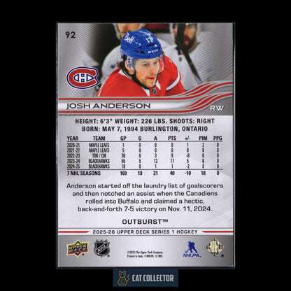 2025-26 Upper Deck Series 1 JOSH ANDERSON #92 Outburst