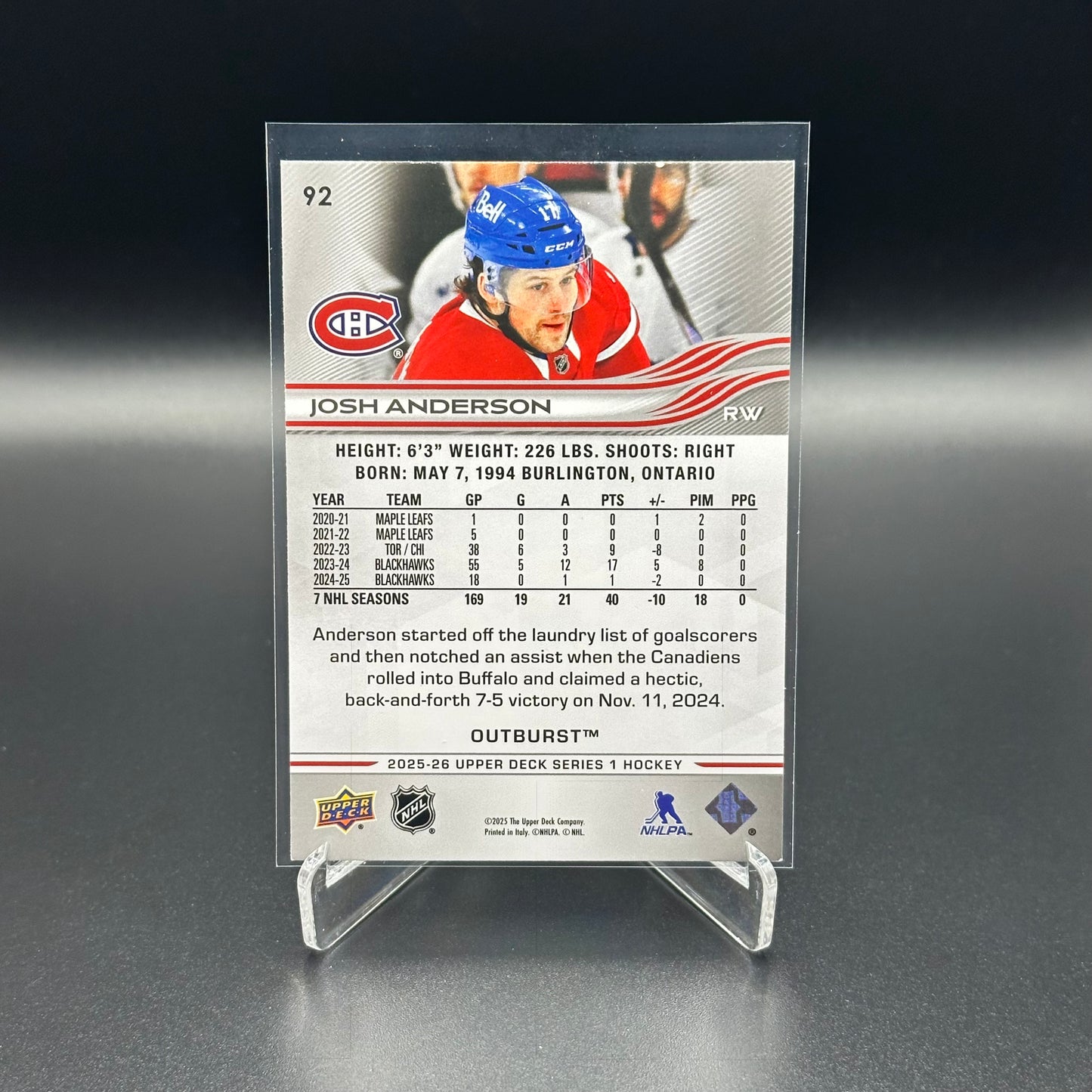 2025-26 Upper Deck Series 1 JOSH ANDERSON #92 Outburst