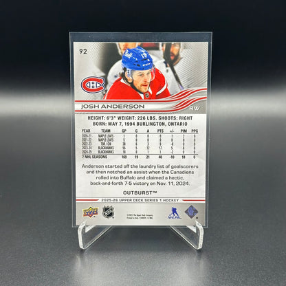 2025-26 Upper Deck Series 1 JOSH ANDERSON #92 Outburst