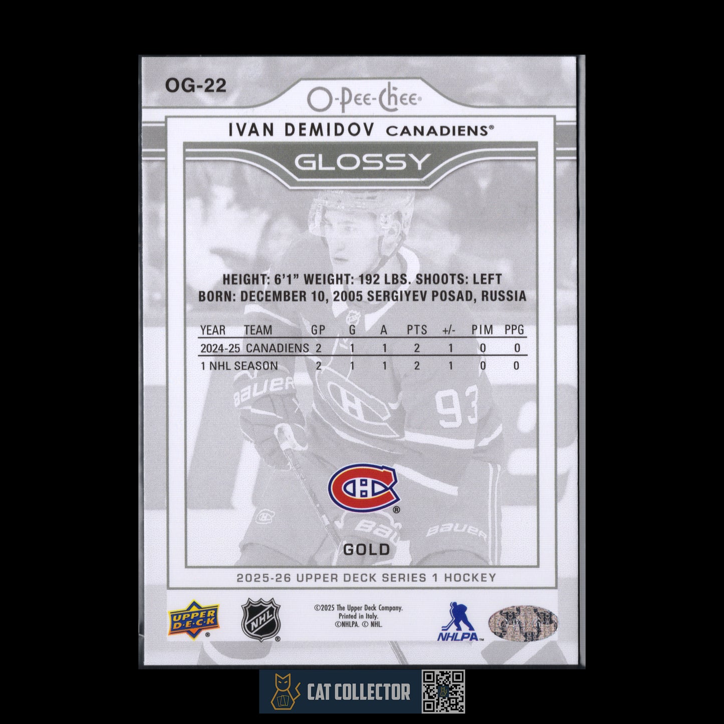 2025-26 UD Series 1 IVAN DEMIDOV #OG-22 O-Pee-Chee Glossy Gold Rookie RC