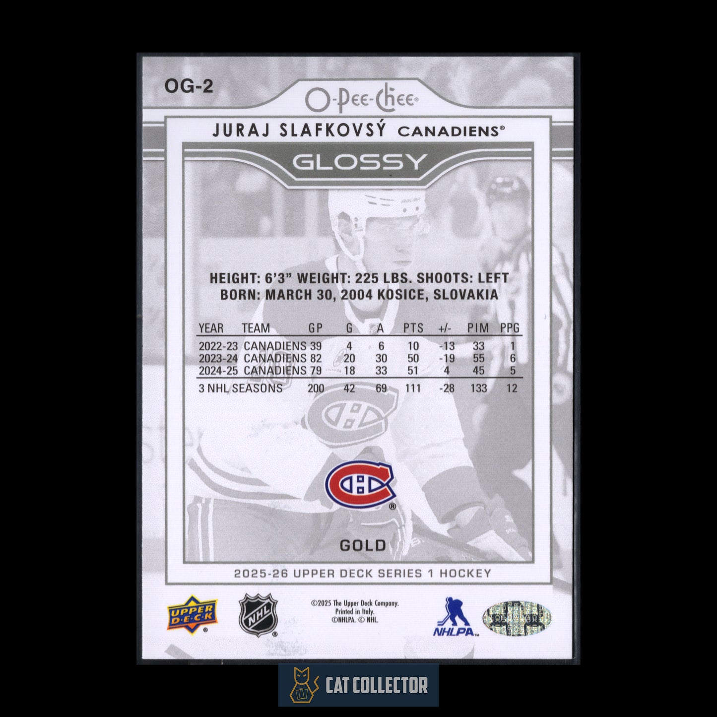 2025-26 Upper Deck Series 1 JURAJ SLAFKOVSKY #OG-2 O-Pee-Chee Glossy Gold