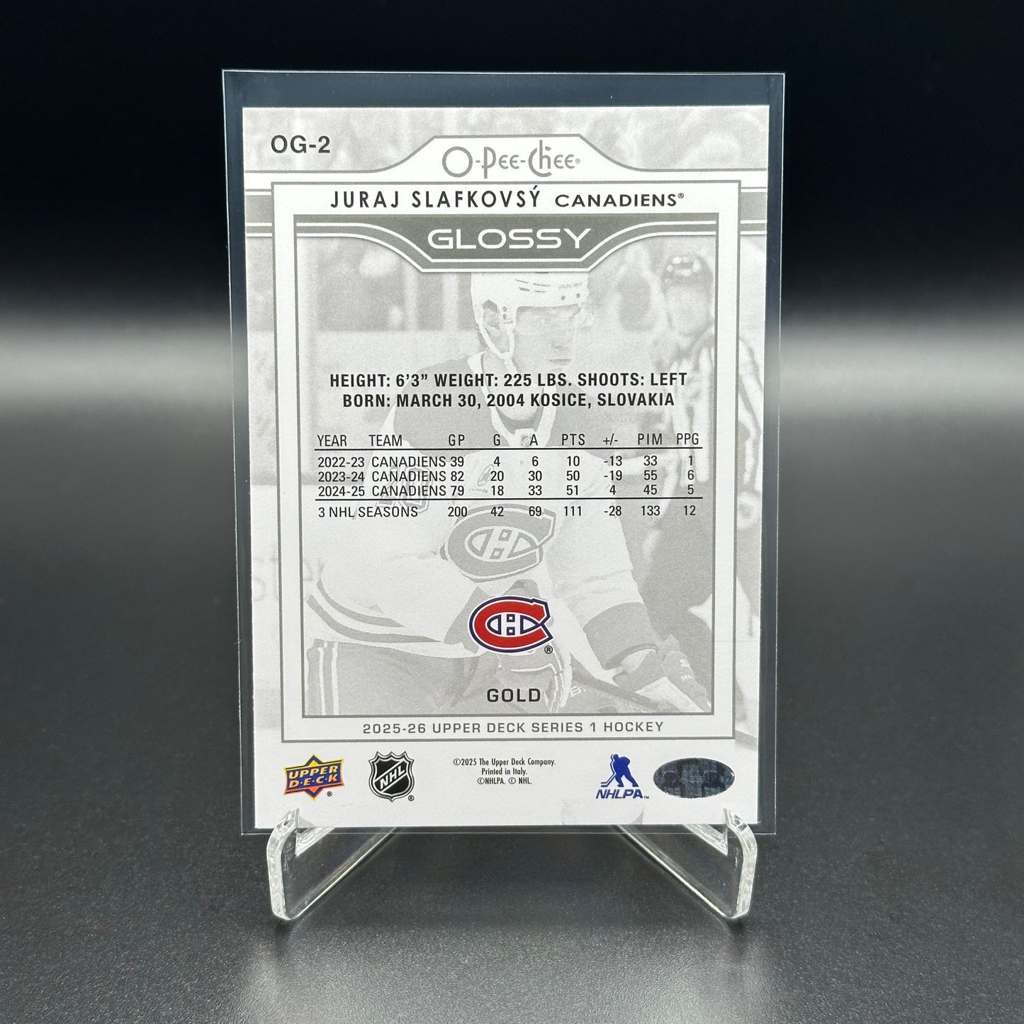 2025-26 Upper Deck Series 1 JURAJ SLAFKOVSKY #OG-2 O-Pee-Chee Glossy Gold