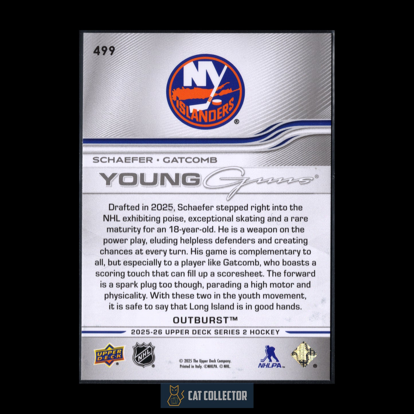 2025-26 Upper Deck Series 2 MATTHEW SCHAEFER / MARC GATCOMB #499 Young guns Teammates Outburst RC