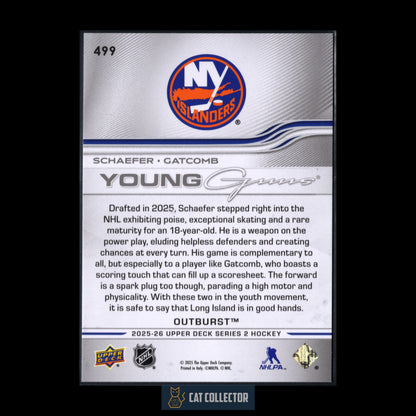 2025-26 Upper Deck Series 2 MATTHEW SCHAEFER / MARC GATCOMB #499 Young guns Teammates Outburst RC