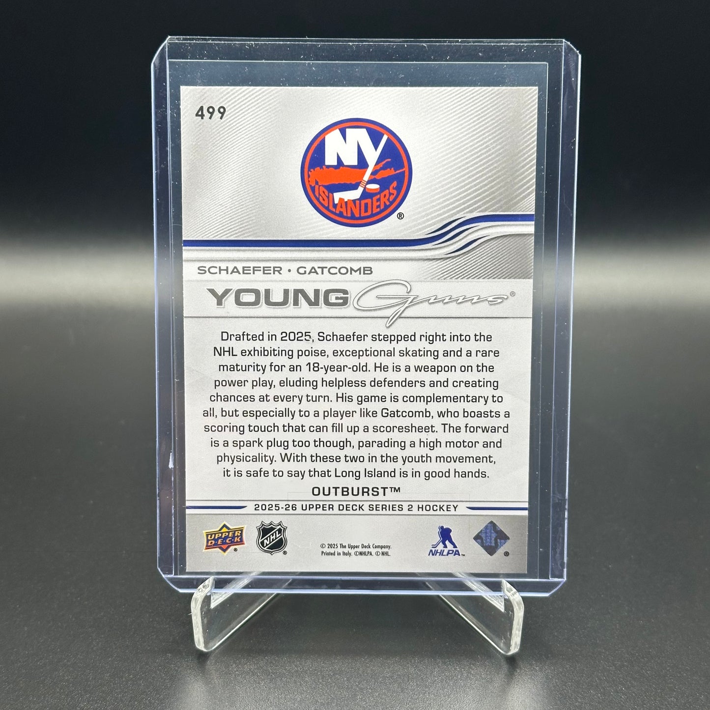 2025-26 Upper Deck Series 2 MATTHEW SCHAEFER / MARC GATCOMB #499 Young guns Teammates Outburst RC
