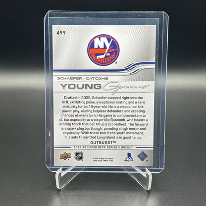 2025-26 Upper Deck Series 2 MATTHEW SCHAEFER / MARC GATCOMB #499 Young guns Teammates Outburst RC