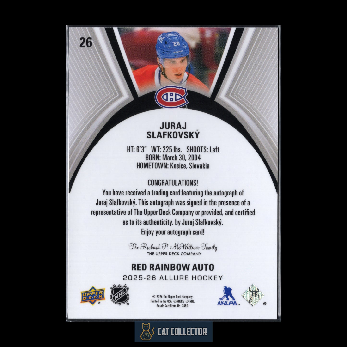 2025-26 UD Allure JURAJ SLAFKOVSKY #26 Red Rainbow Auto