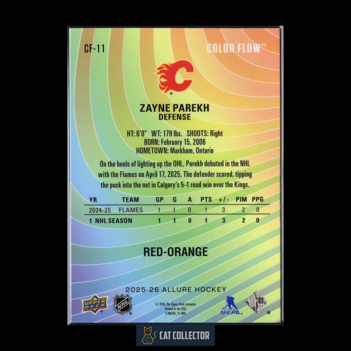 2025-26 Upper Deck Allure ZAYNE PAREKH #CF-11 Color Flow Red-Orange RC