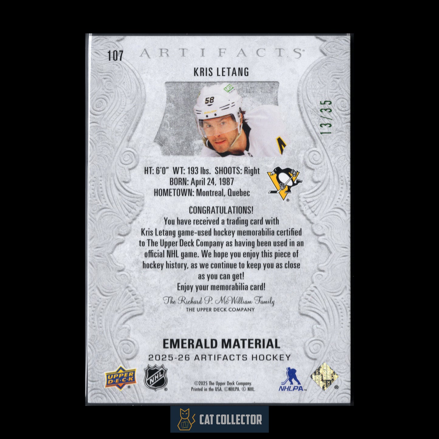 2025-26 Upper Deck Artifacts KRIS LETANG #107 Emerald Material /35 Patch