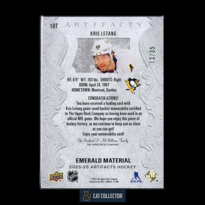 2025-26 Upper Deck Artifacts KRIS LETANG #107 Emerald Material /35 Patch