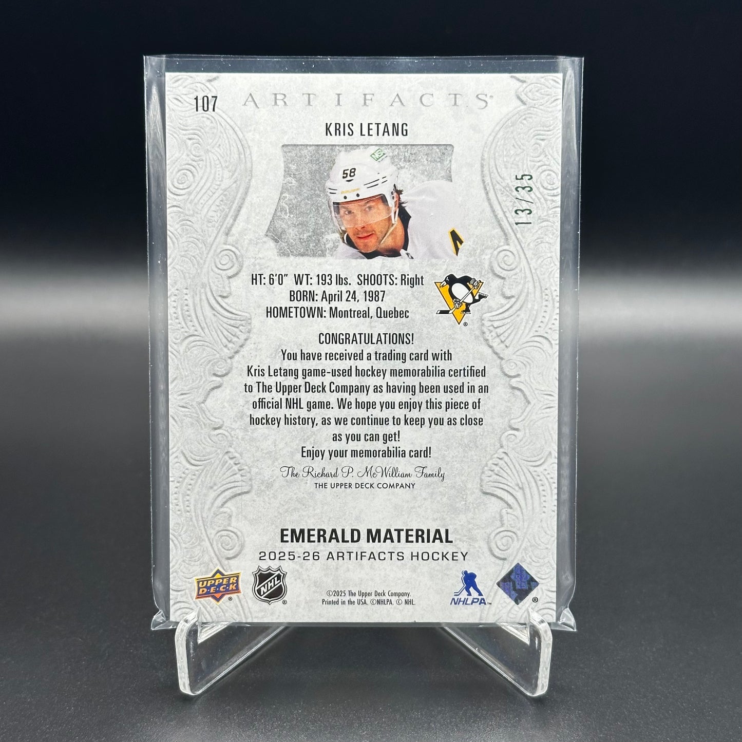 2025-26 Upper Deck Artifacts KRIS LETANG #107 Emerald Material /35 Patch