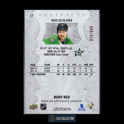 2025-26 Upper Deck Artifacts MIRO HEISKANEN #17 Ruby Red /599