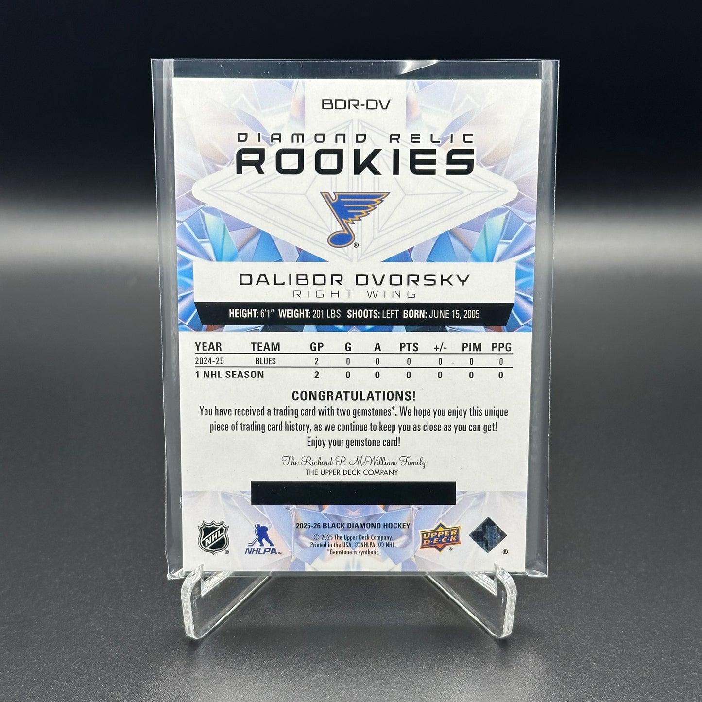 2025-26 UD Black Diamond DALIBOR DVORSKY #BDR-DV Diamond Relic Rookies RC /99