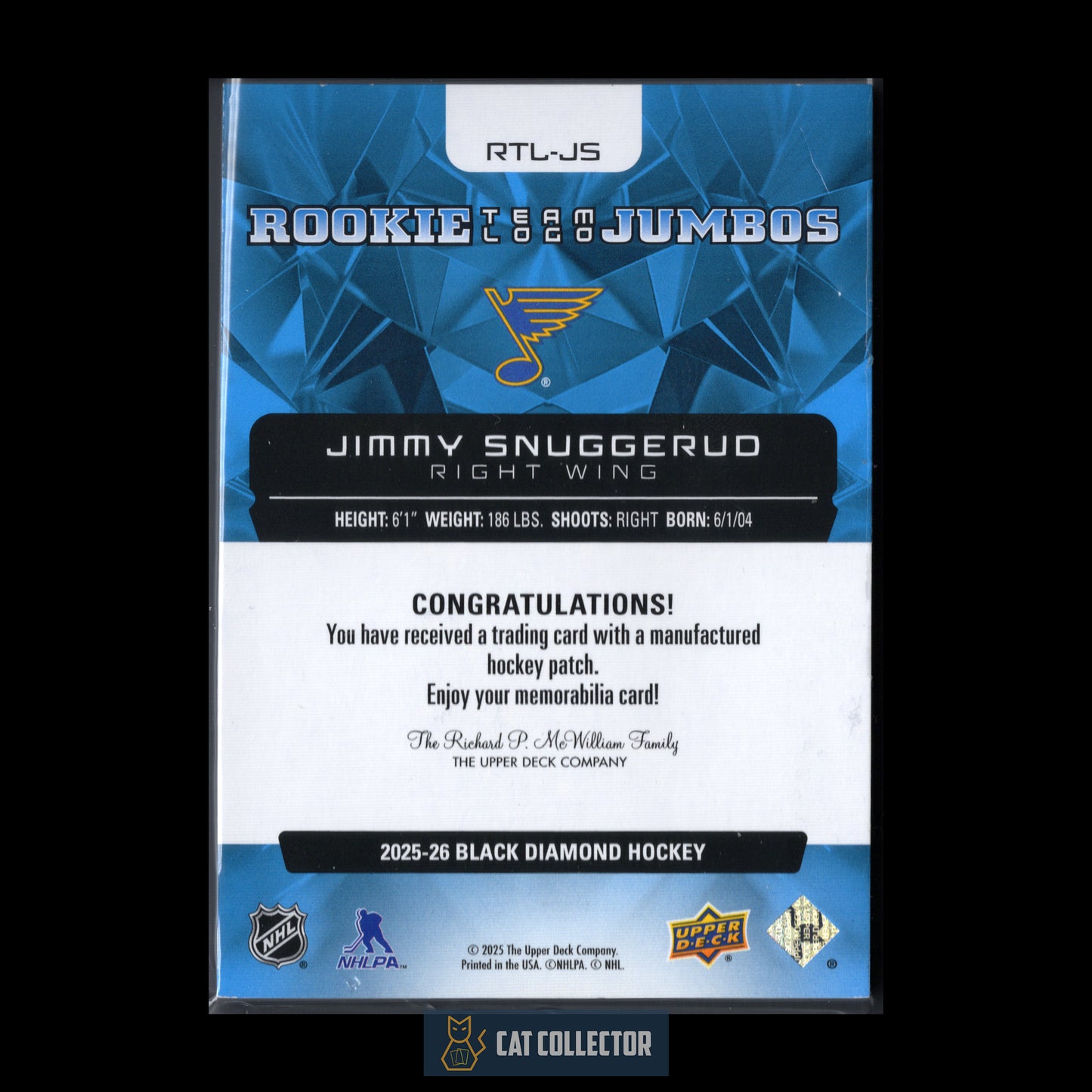 2025-26 Upper Deck Black Diamond JIMMY SNUGGERUD #RTL-JS Rookie Team Logo Jumbo RC