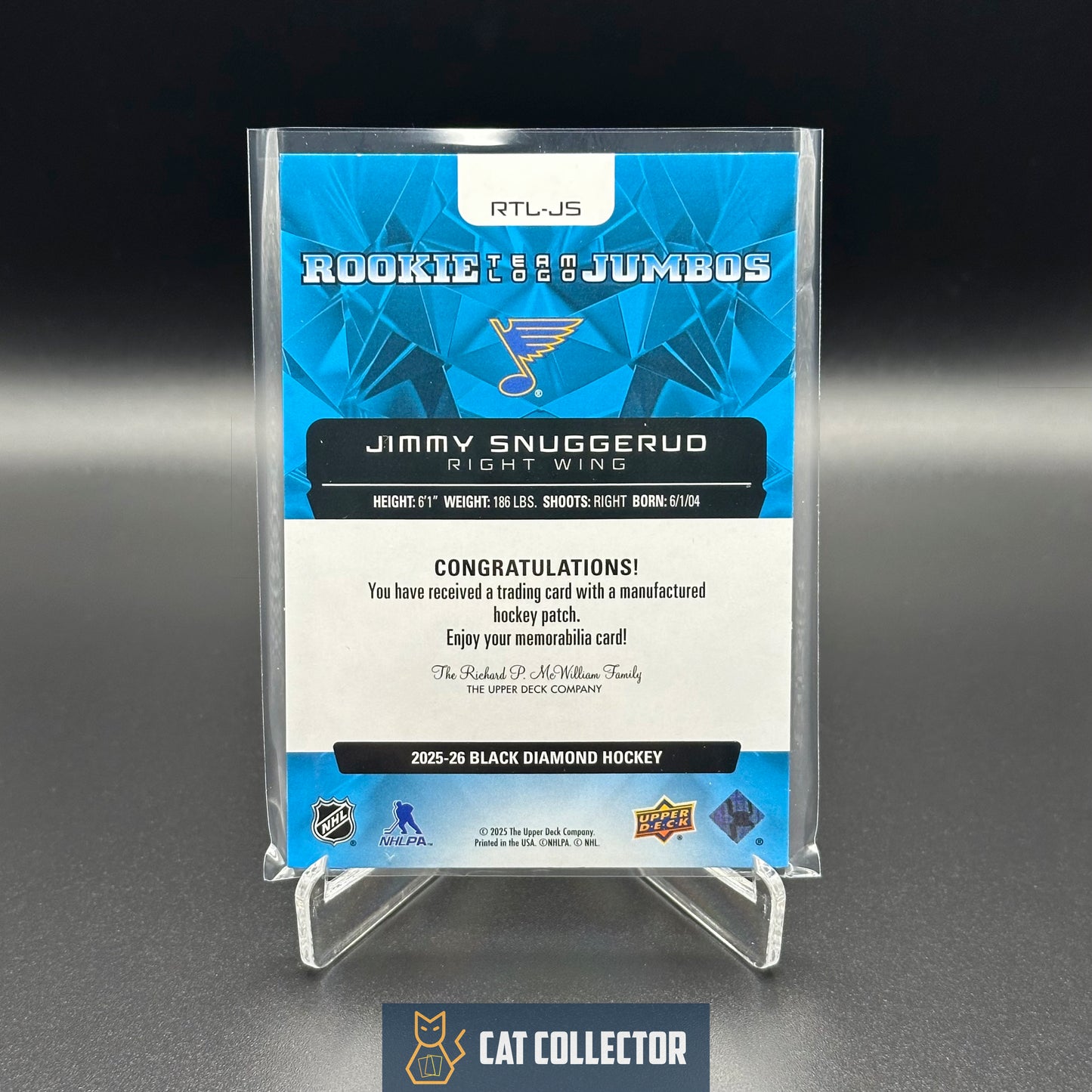 2025-26 Upper Deck Black Diamond JIMMY SNUGGERUD #RTL-JS Rookie Team Logo Jumbo RC