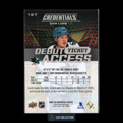 2025-26 Upper Deck Credentials CAM LUND #127 Debut Ticket Access RC /999