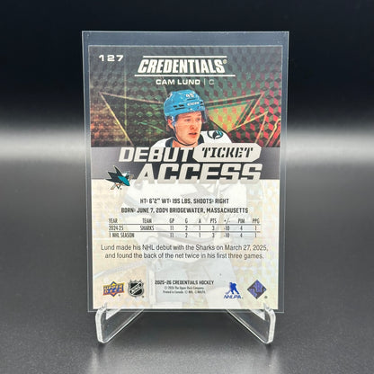 2025-26 Upper Deck Credentials CAM LUND #127 Debut Ticket Access RC /999