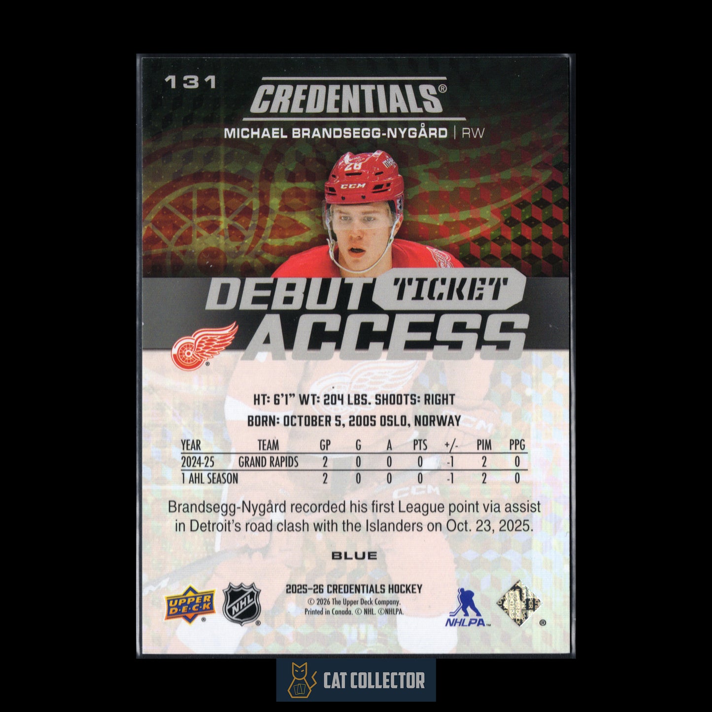 2025-26 UD Credentials MICHAEL BRANDSEGG-NYGARD #131 Debut Ticket Access Blue RC /199