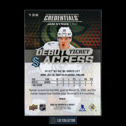 2025-26 Upper Deck Credentials JANI NYMAN #136 Debut Ticket Access Red RC /249