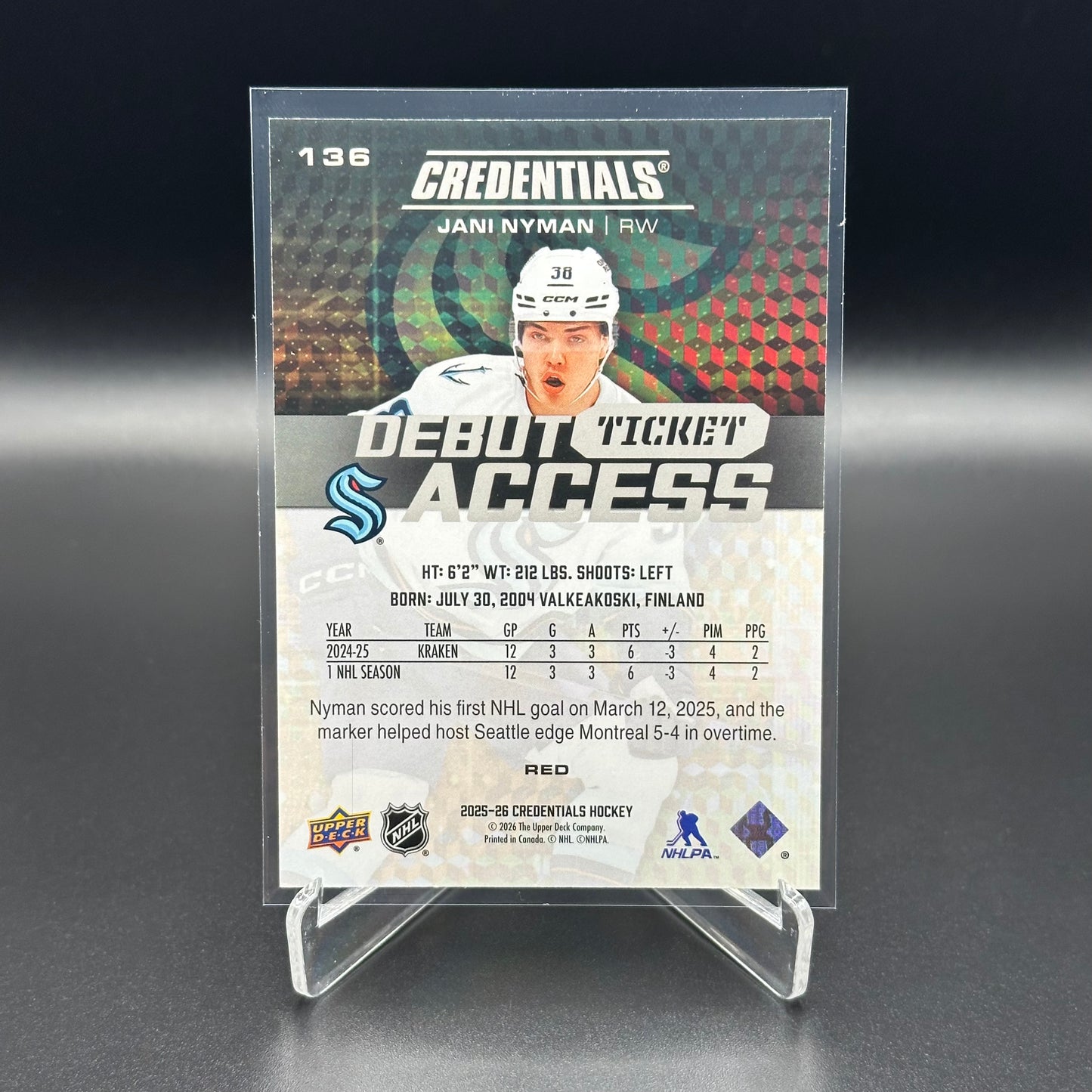 2025-26 Upper Deck Credentials JANI NYMAN #136 Debut Ticket Access Red RC /249