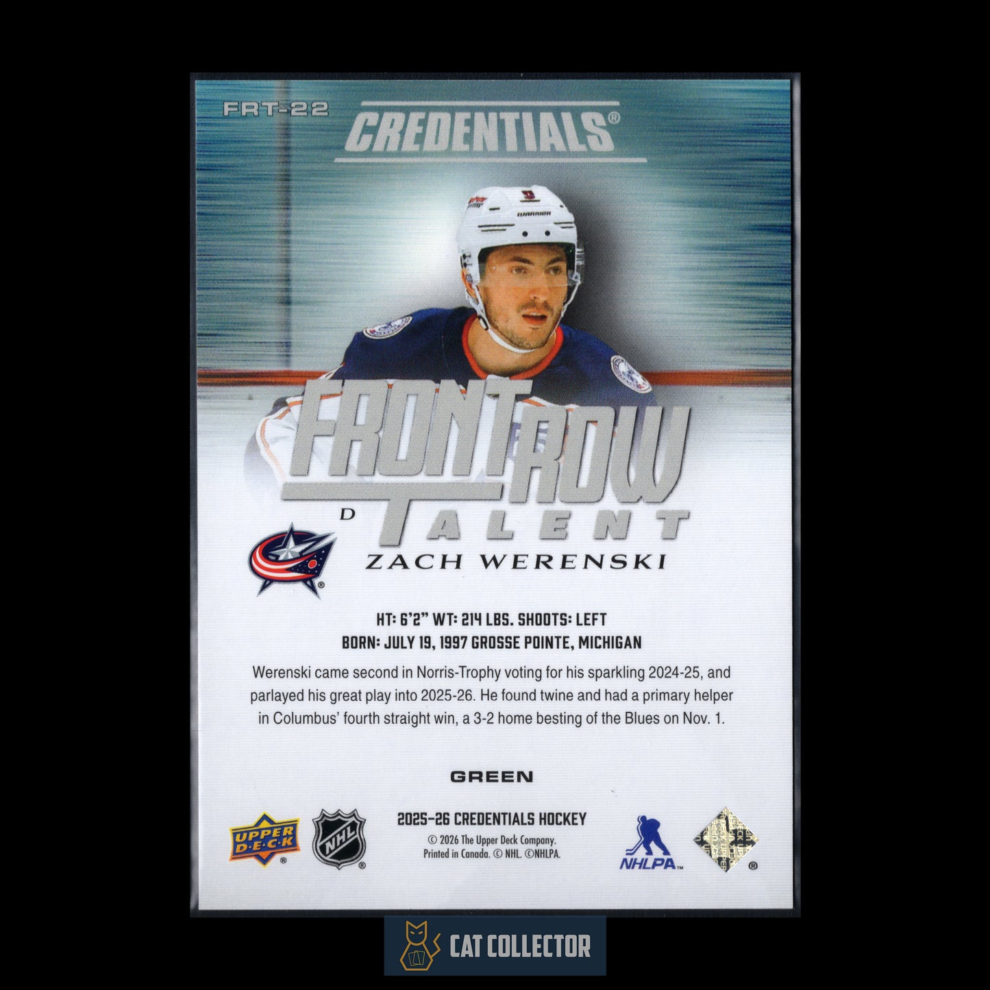 2025-26 Upper Deck Credentials ZACH WERENSKI #FRT-22 Front Row Talent Green /99