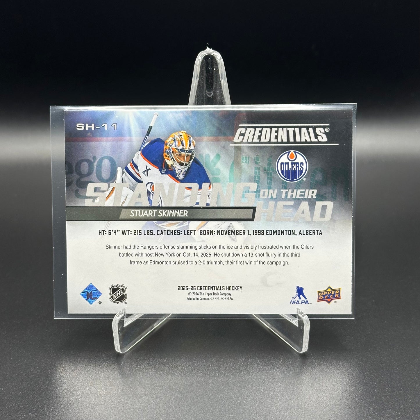2025-26 Upper Deck Credentials STUART SKINNER #SH-11 Standing On Their Head