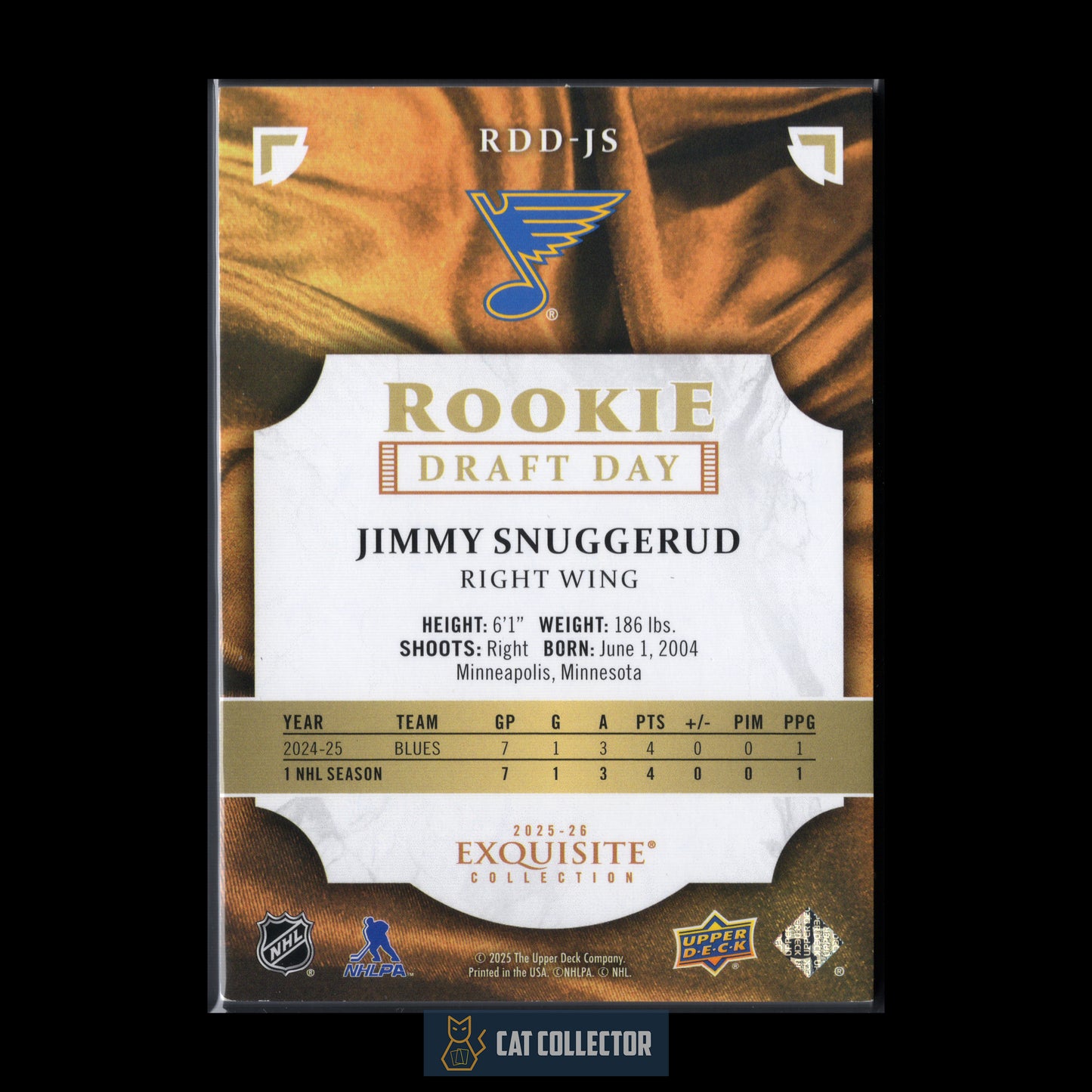 2025-26 Upper Deck Exquisite Collection JIMMY SNUGGERUD #RDD-JS Rookie Draft Day RC /349