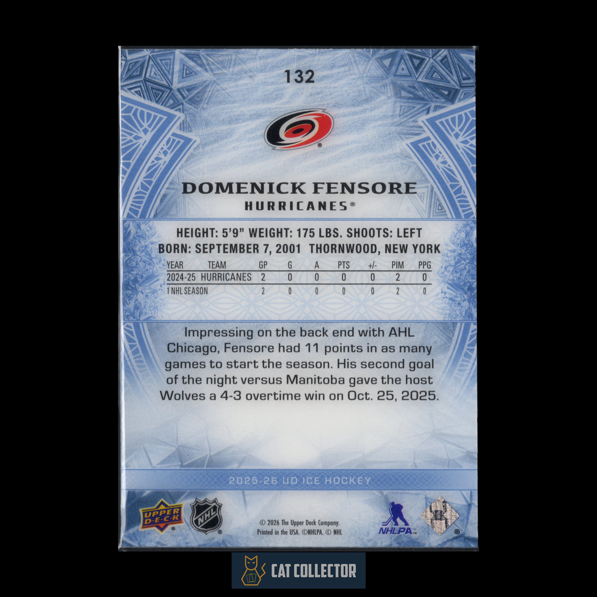 2025-26 UD Ice DEMENICK FENSORE #132 Premieres Rookies Level 3 RC /499