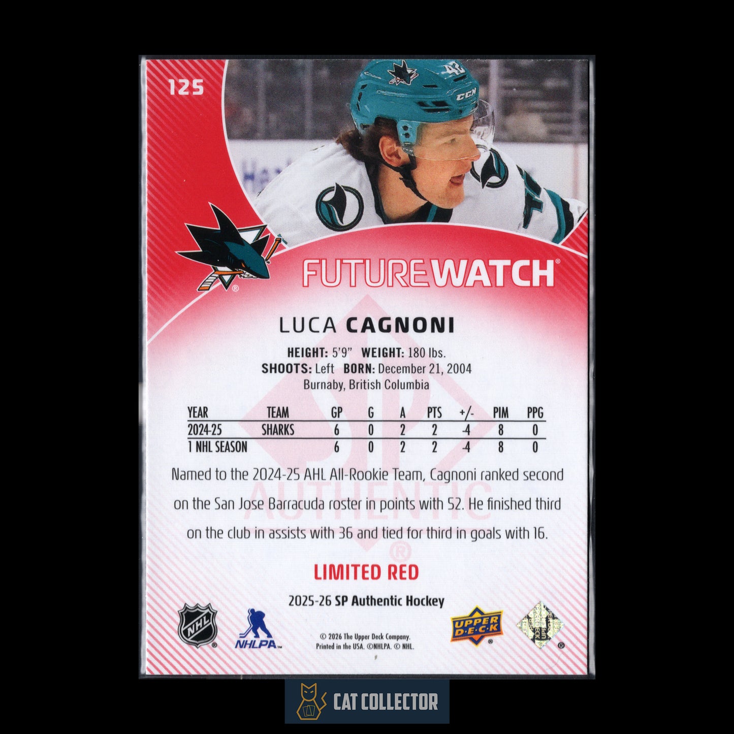 2025-26 UD SP Authentic LUCA CAGNONI #125 Future Watch Limited Red RC