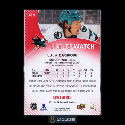2025-26 UD SP Authentic LUCA CAGNONI #125 Future Watch Limited Red RC
